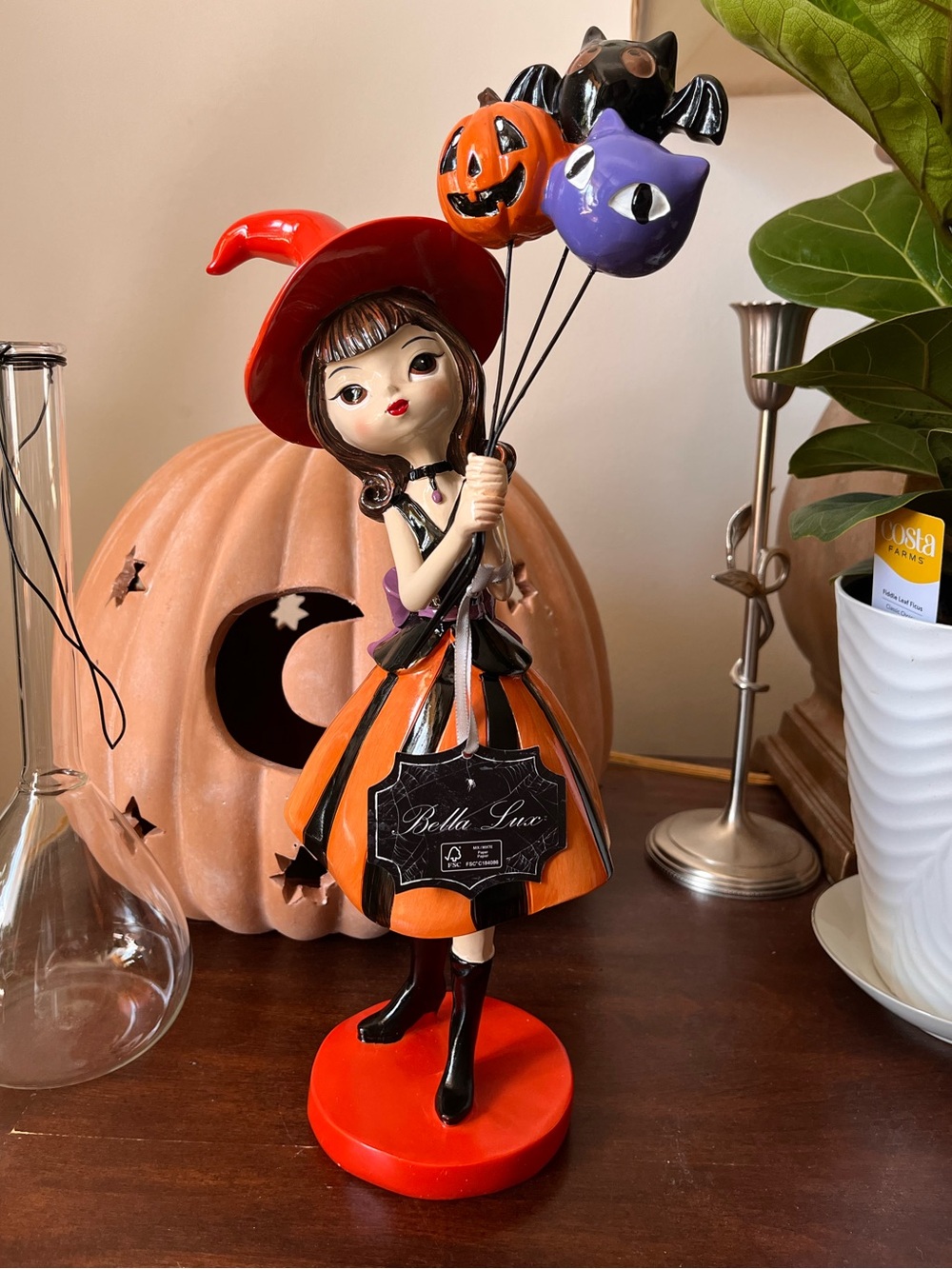 Bella Lux Halloween Witch Girl Holding Balloons Figurine in Orange & Red 🕸️🖤